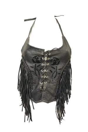 1970s Leather Lace Up Halter Top w/ Fringe and Suede Details
