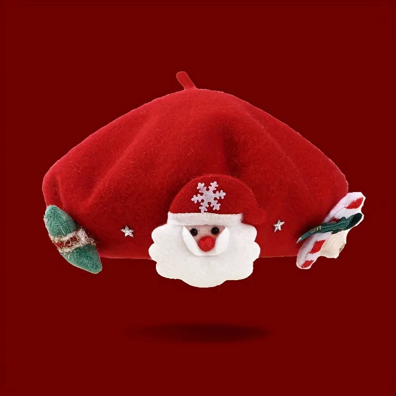1pc Christmas Holiday Women's Wool Beret - Festive Knitted Lightweight Cap, Inelastic, Hand Wash/Dry Clean Only, Ideal for Christmas & Winter Daily Wear