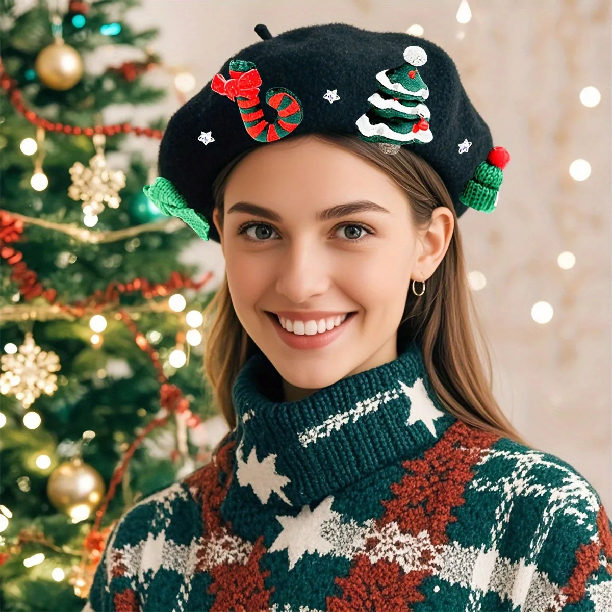 1pc Christmas Holiday Women's Wool Beret - Festive Knitted Lightweight Cap, Inelastic, Hand Wash/Dry Clean Only, Ideal for Christmas & Winter Daily Wear