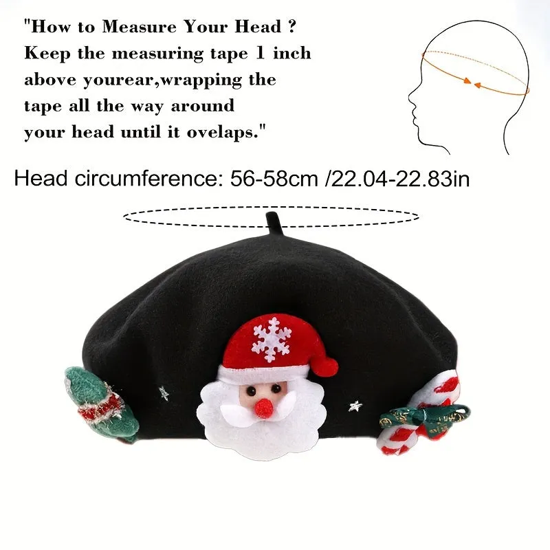 1pc Christmas Holiday Women's Wool Beret - Festive Knitted Lightweight Cap, Inelastic, Hand Wash/Dry Clean Only, Ideal for Christmas & Winter Daily Wear