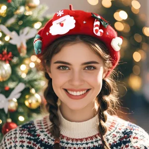 1pc Christmas Holiday Women's Wool Beret - Festive Knitted Lightweight Cap, Inelastic, Hand Wash/Dry Clean Only, Ideal for Christmas & Winter Daily Wear
