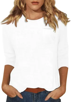 3/4 Length Sleeve Womens Tops Dressy Pocket Basic Crew Neck T Shirts Loose Fit Casual Comfy Three Quarter Blouses