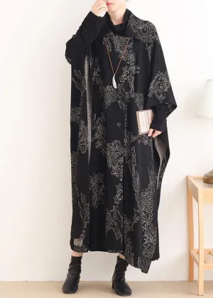 Beautiful Notched asymmetric Plus Size coats women black print silhouette coats