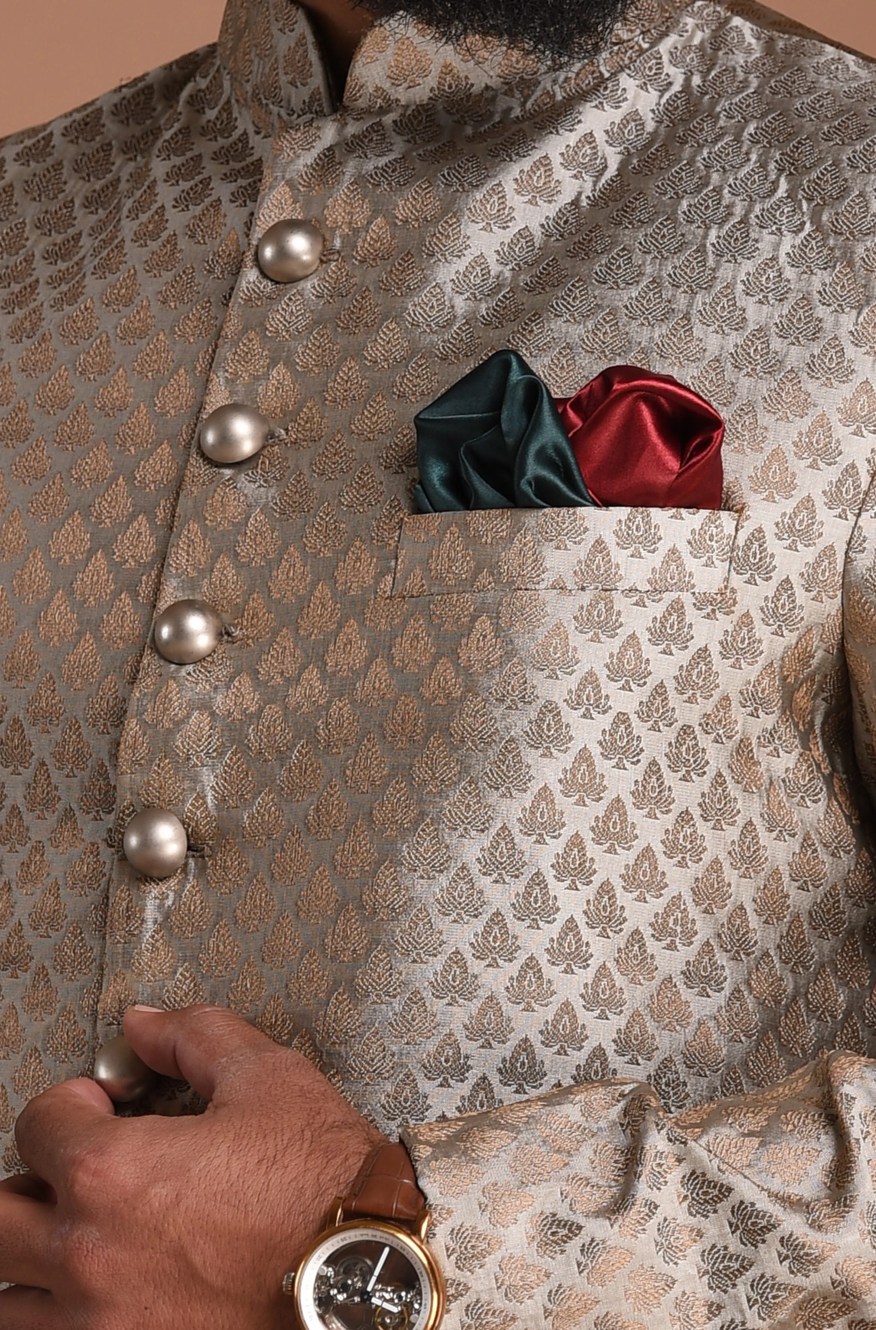 Brocade Silk Silver Booti Pattern Maharaja Style Sherwani