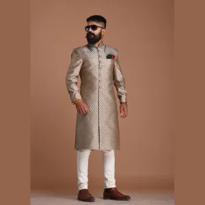 Brocade Silk Silver Booti Pattern Maharaja Style Sherwani
