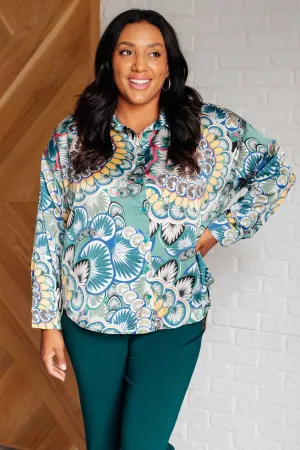 Button Up Blouse in Teal Paisley