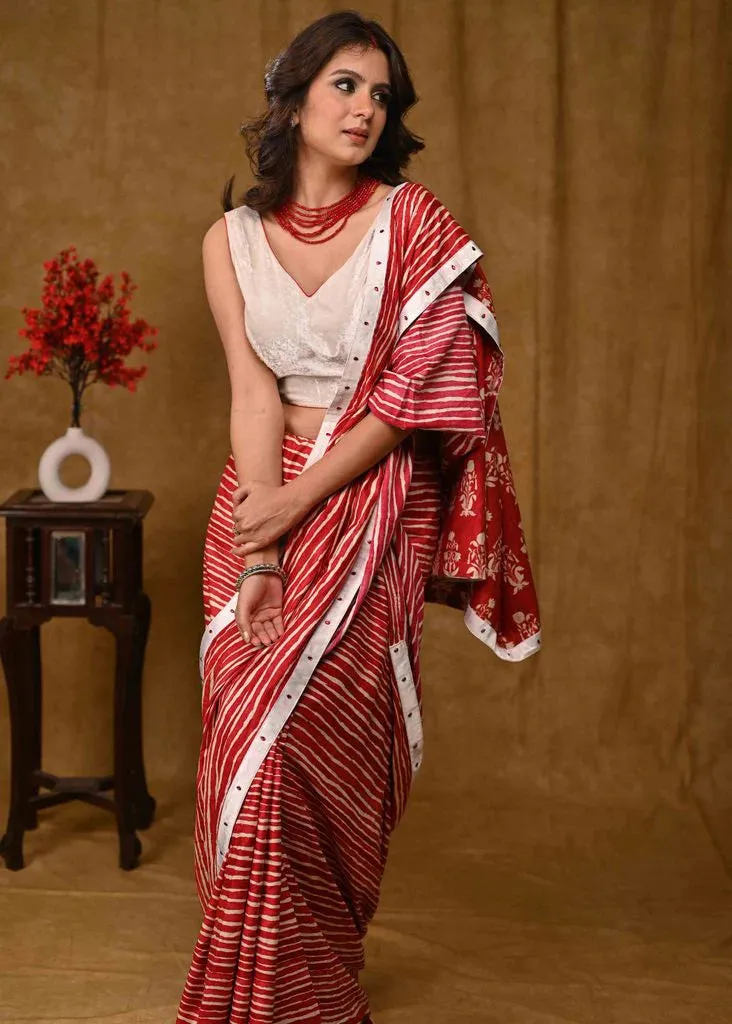 Classy Red Rayon Saree With White Satin Border And Red Embellishments