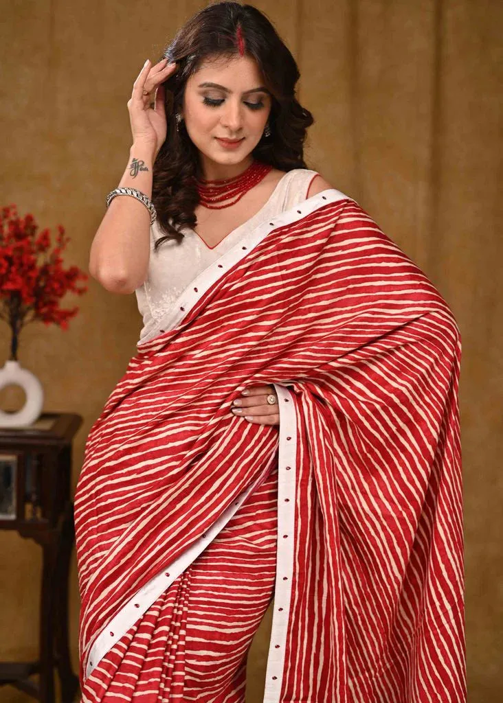 Classy Red Rayon Saree With White Satin Border And Red Embellishments