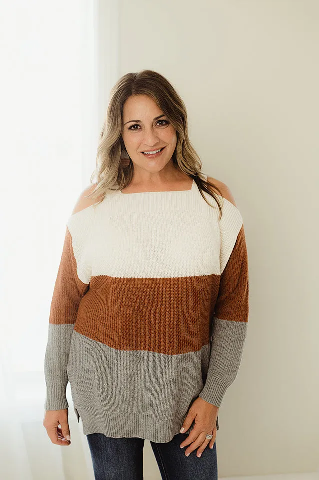 Colorblock Cold Shoulder Sweater