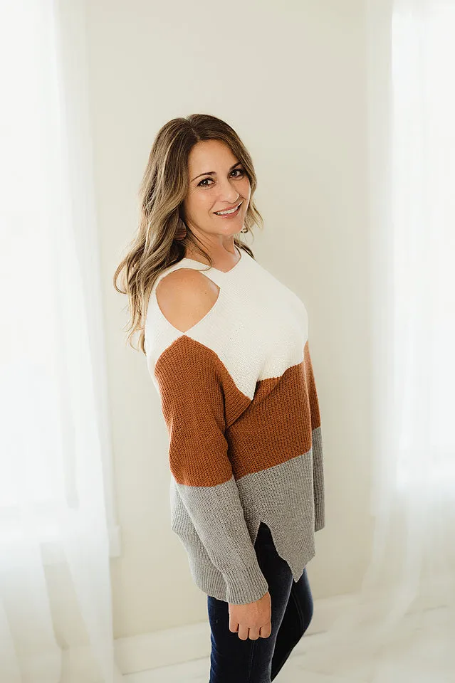 Colorblock Cold Shoulder Sweater