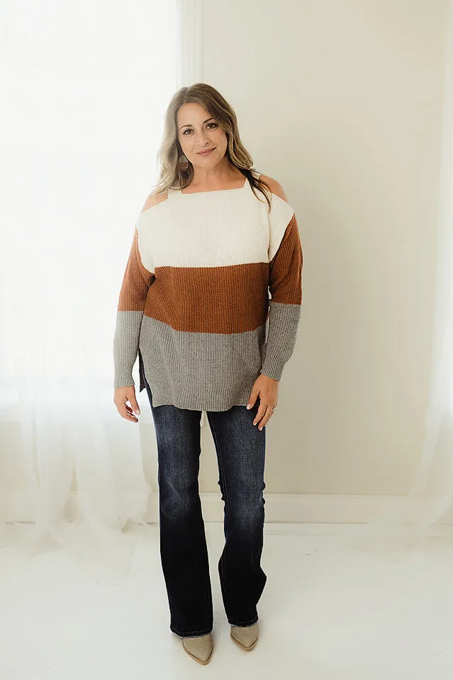 Colorblock Cold Shoulder Sweater
