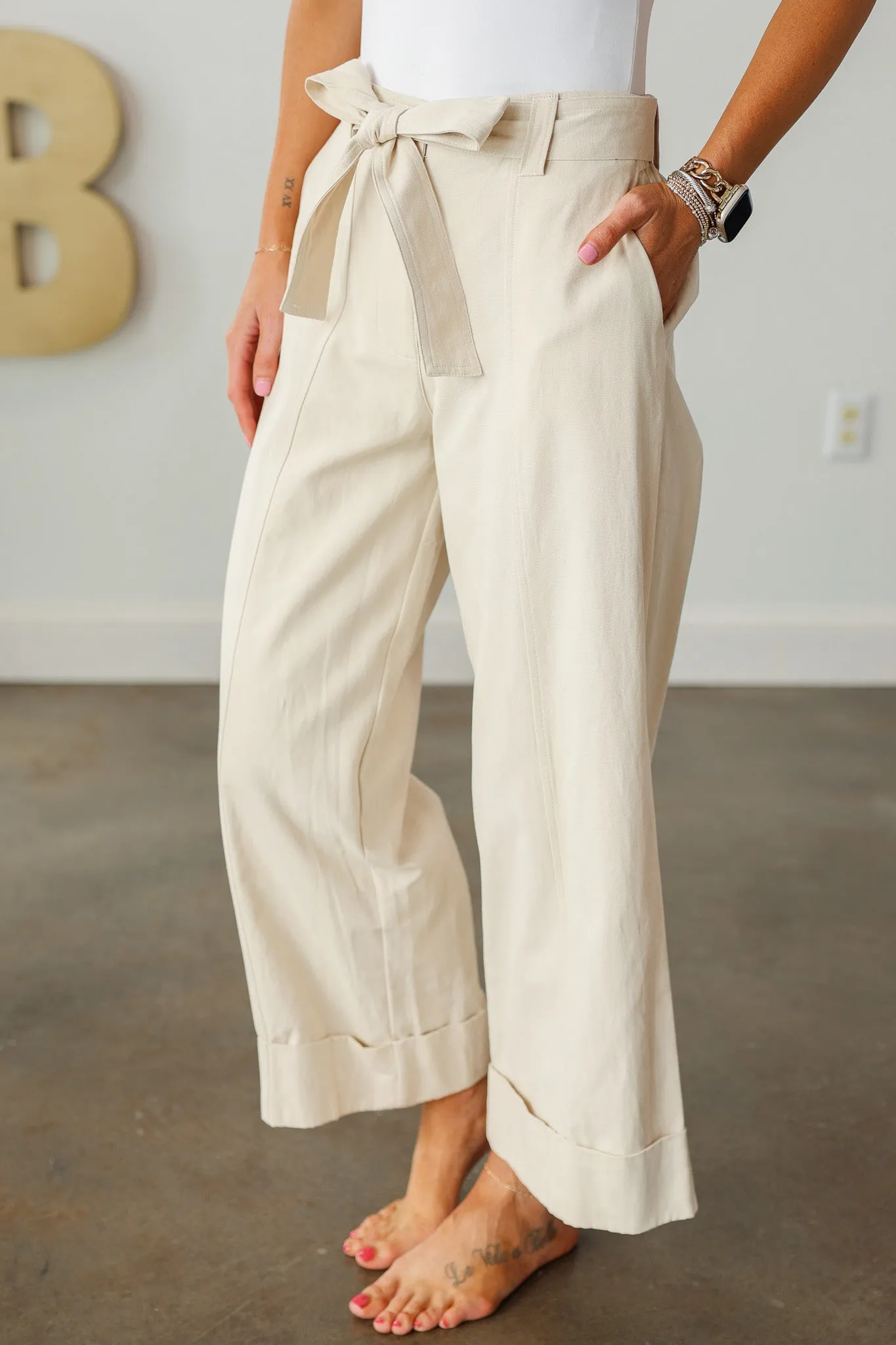 Cuffed Wide Leg Belted Pants - Ecru