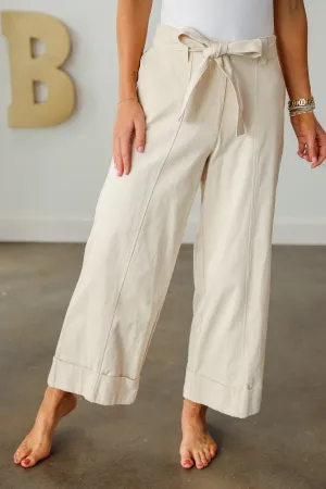 Cuffed Wide Leg Belted Pants - Ecru