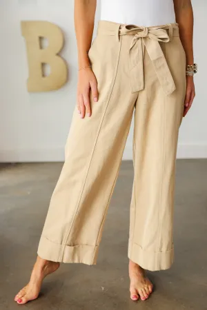 Cuffed Wide Leg Belted Pants - Khaki