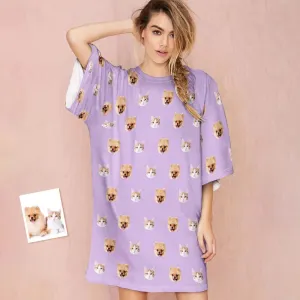 Custom Pet Face Women's Oversized Sleep Tee Nightdress Personalized Loose Nightshirt