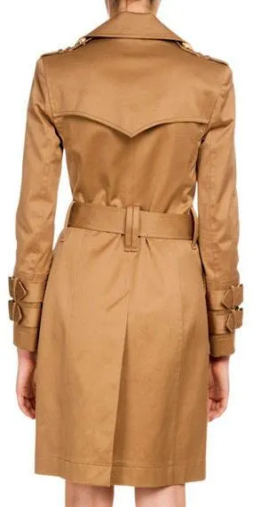 Double-Breasted Golden-Button Belted Trench Coat