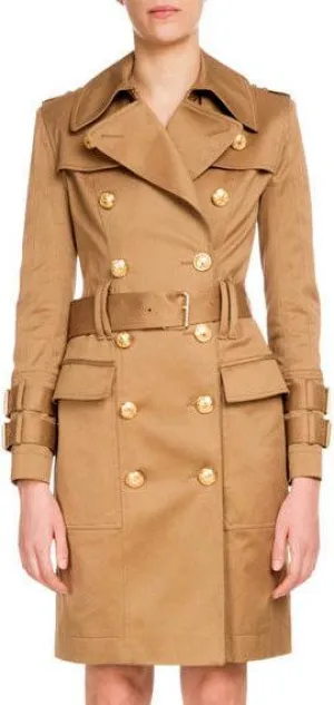 Double-Breasted Golden-Button Belted Trench Coat