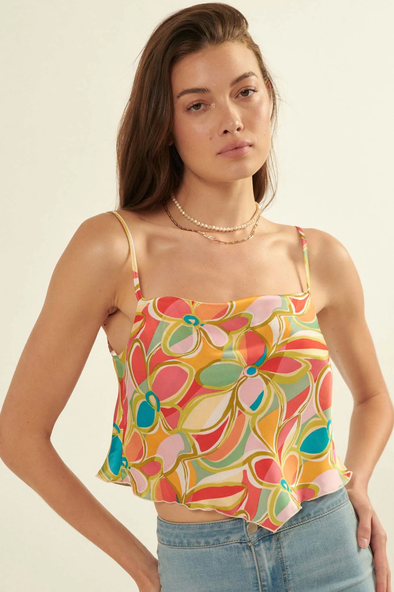 Dream On Floral Satin Handkerchief Cami Top