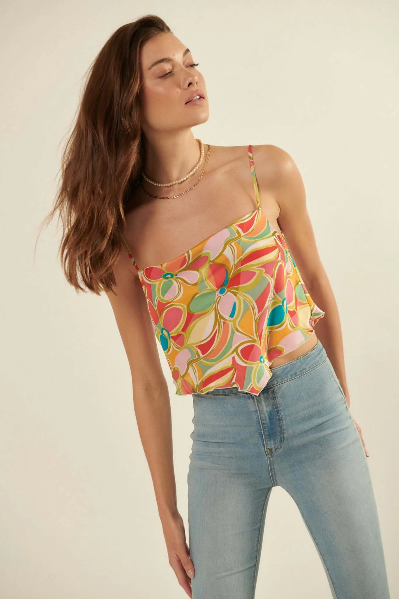 Dream On Floral Satin Handkerchief Cami Top