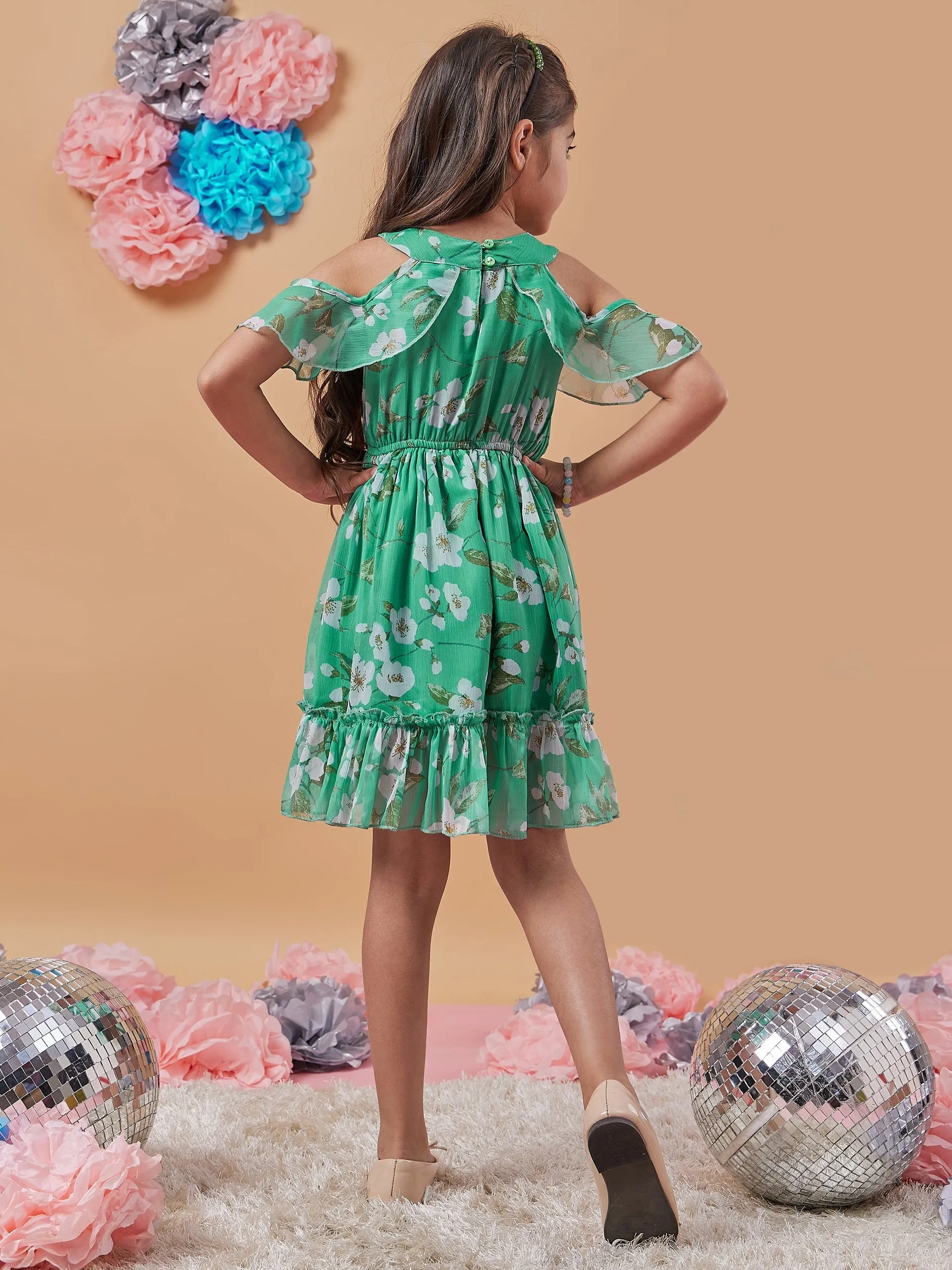 Floral Printed Cold-Shoulder Sleeves Fit Flare Dress