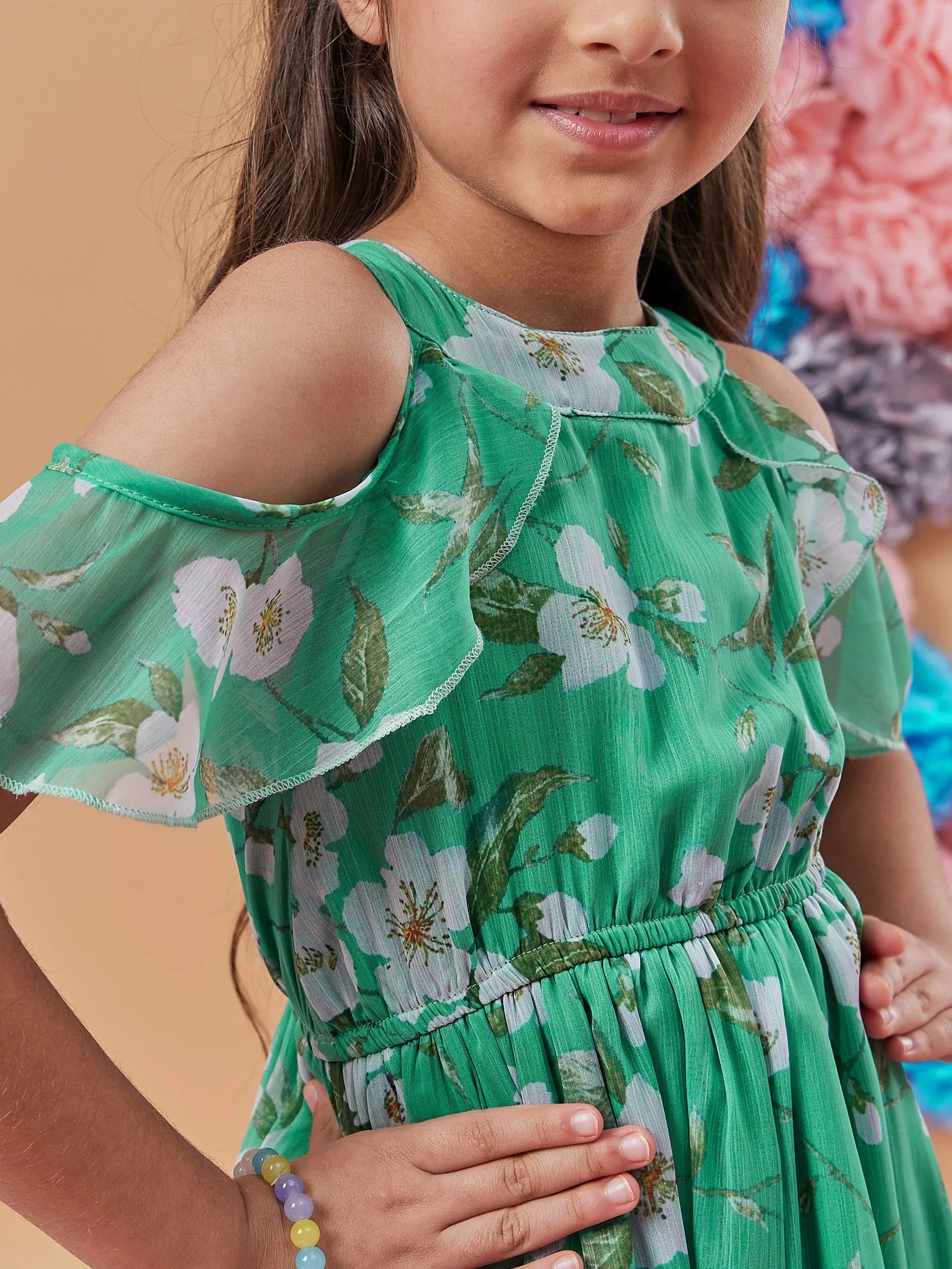 Floral Printed Cold-Shoulder Sleeves Fit Flare Dress