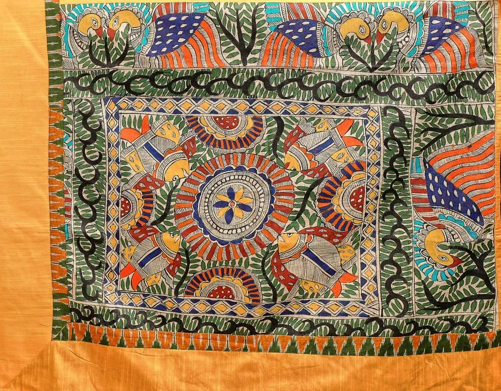 FOREST GREEN CREPE SATIN SAREE WITH HAND PAINTED MADHUBANI BORDER & PALLU