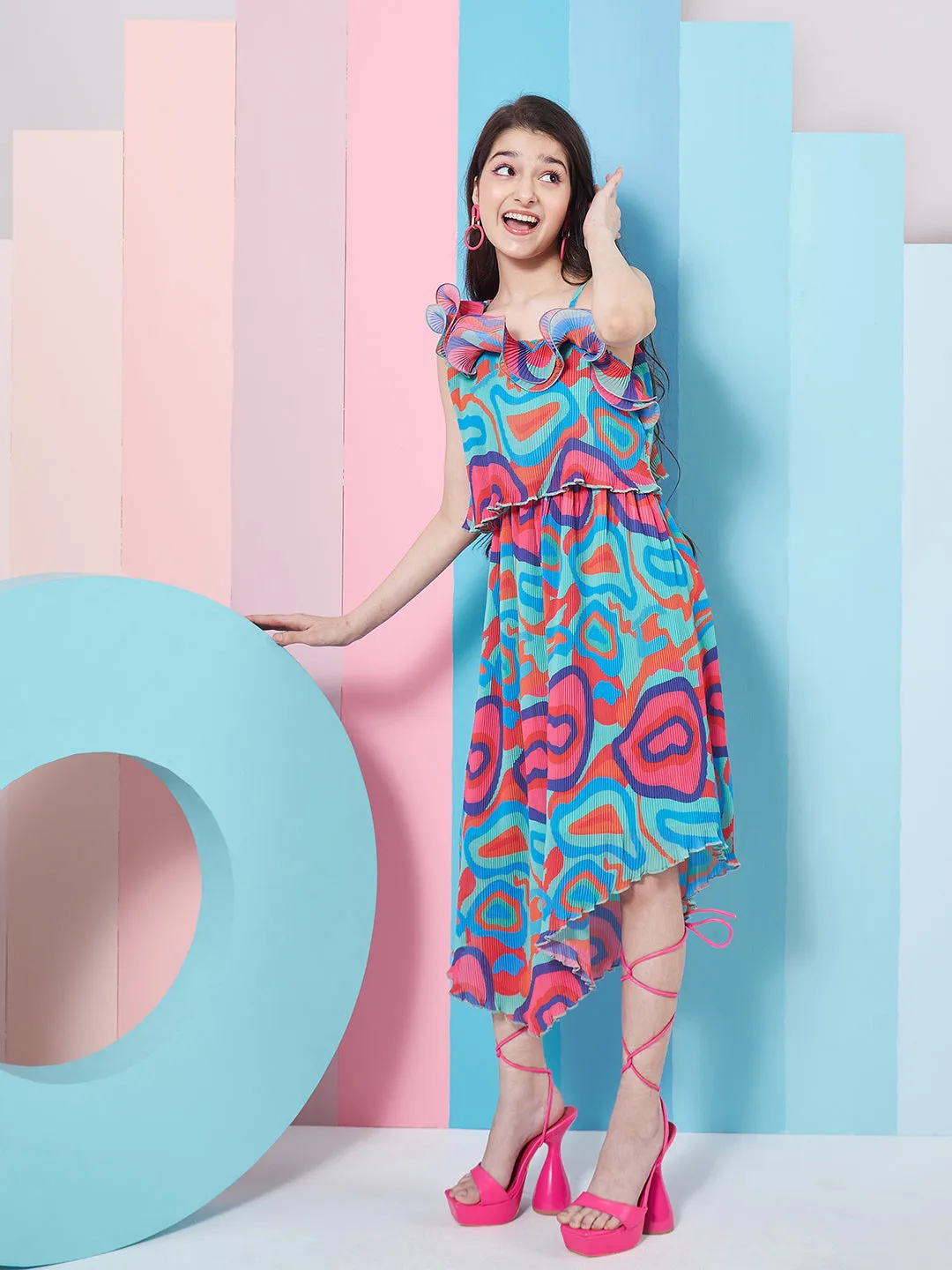 Girls Abstract Printed One Shoulder Georgette Fit Flare Midi Dress