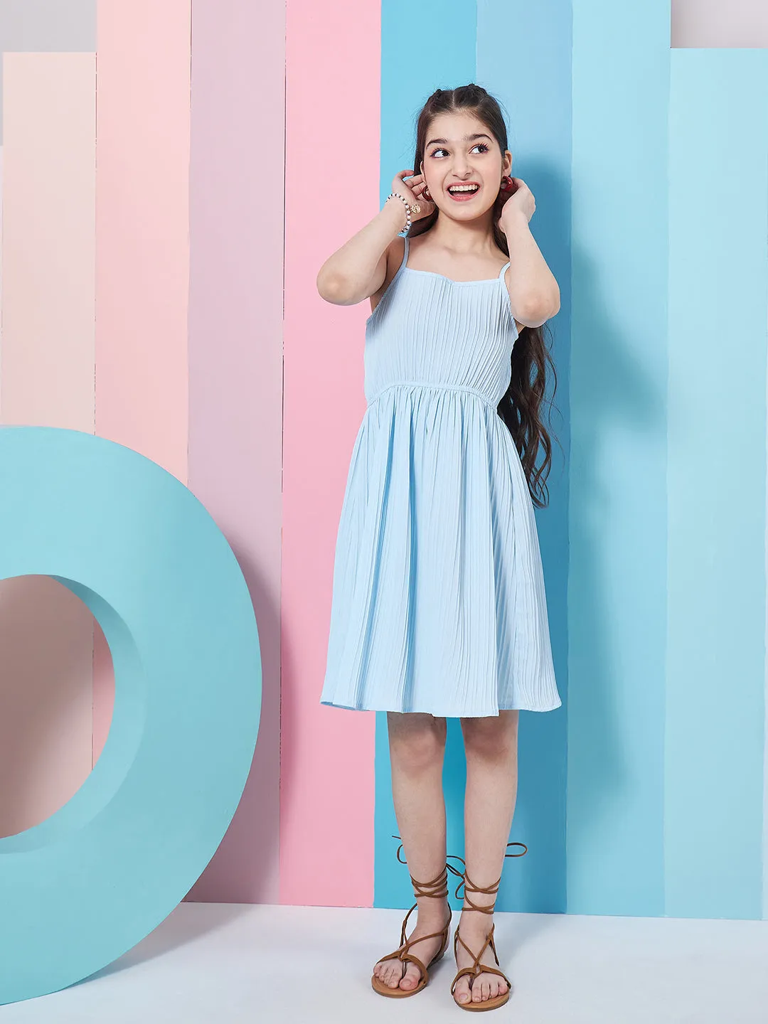 Girls Self Design Sleeveless Fit Flare Dress With Shrug