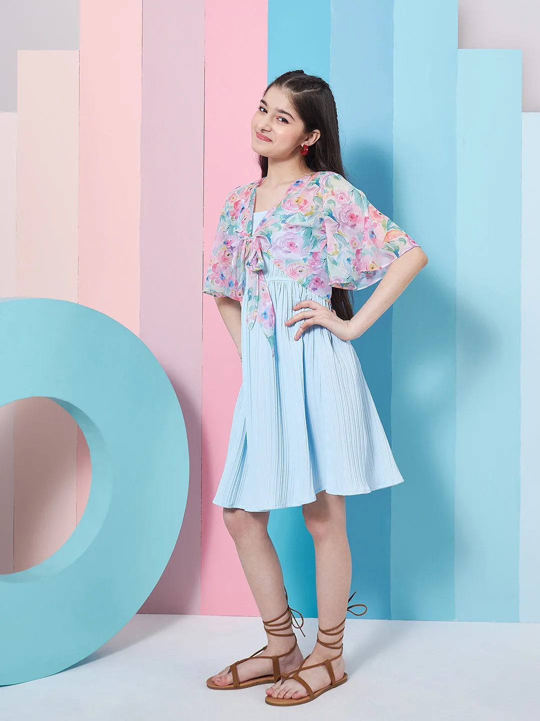 Girls Self Design Sleeveless Fit Flare Dress With Shrug
