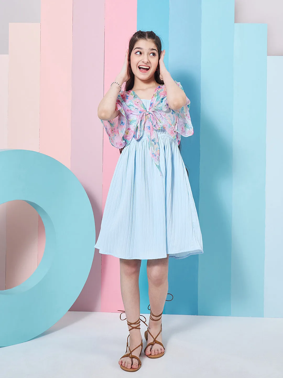 Girls Self Design Sleeveless Fit Flare Dress With Shrug