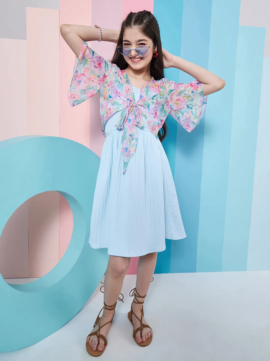 Girls Self Design Sleeveless Fit Flare Dress With Shrug