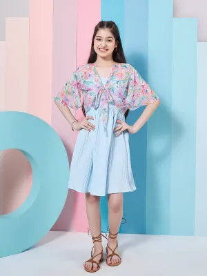 Girls Self Design Sleeveless Fit Flare Dress With Shrug