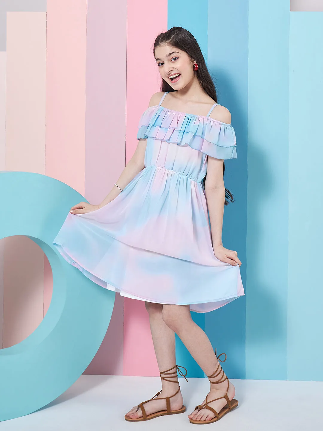 Girls Tie Dye Off-Shoulder Georgette Fit Flare Dress - PS Peaches