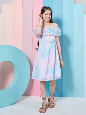 Girls Tie Dye Off-Shoulder Georgette Fit Flare Dress - PS Peaches