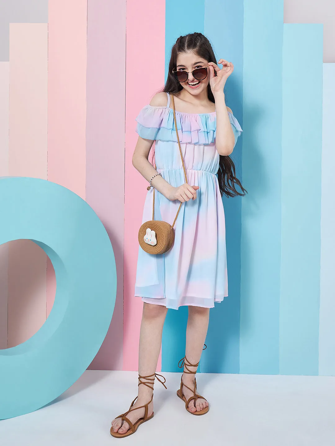 Girls Tie Dye Off-Shoulder Georgette Fit Flare Dress - PS Peaches