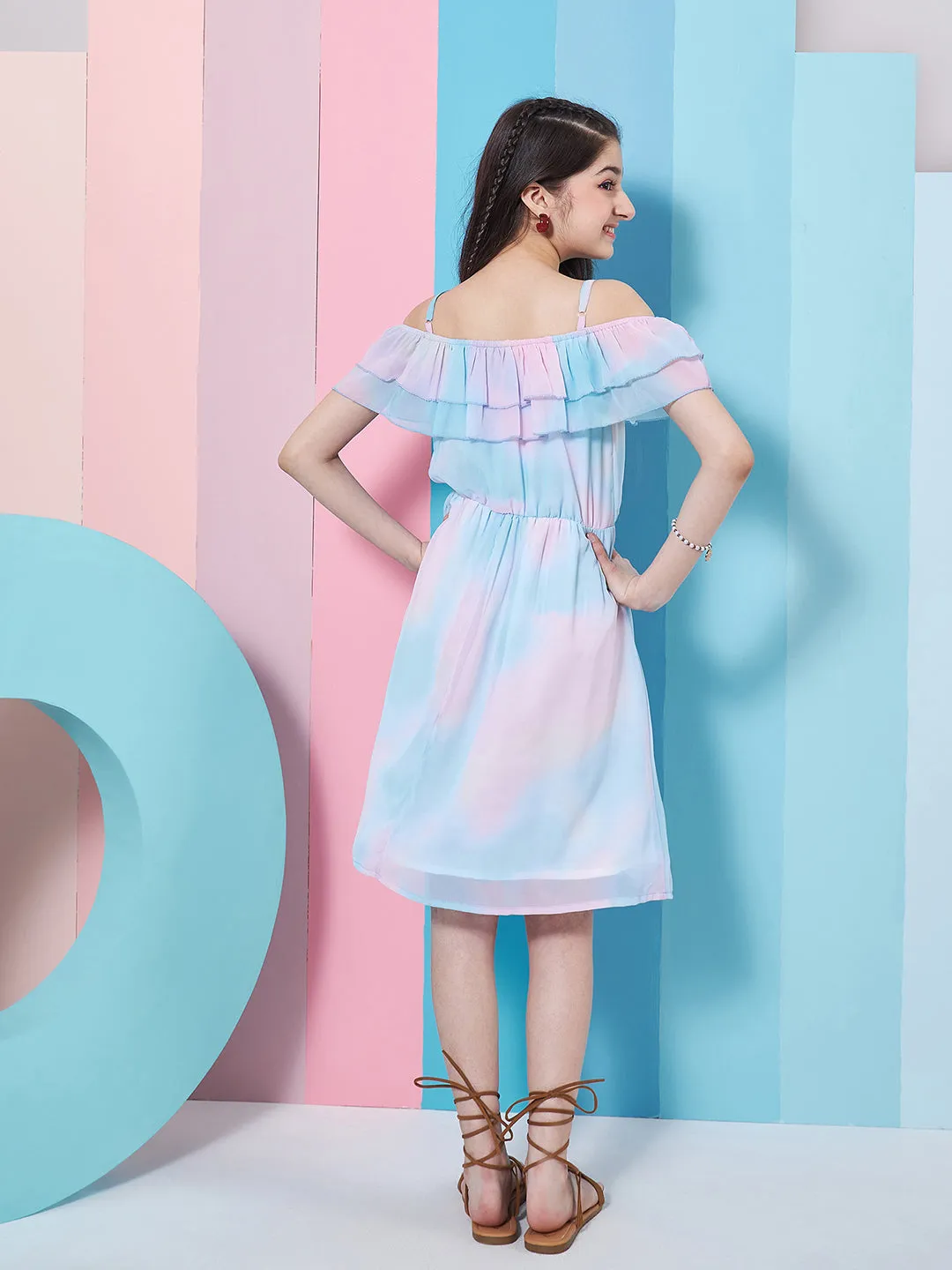 Girls Tie Dye Off-Shoulder Georgette Fit Flare Dress - PS Peaches