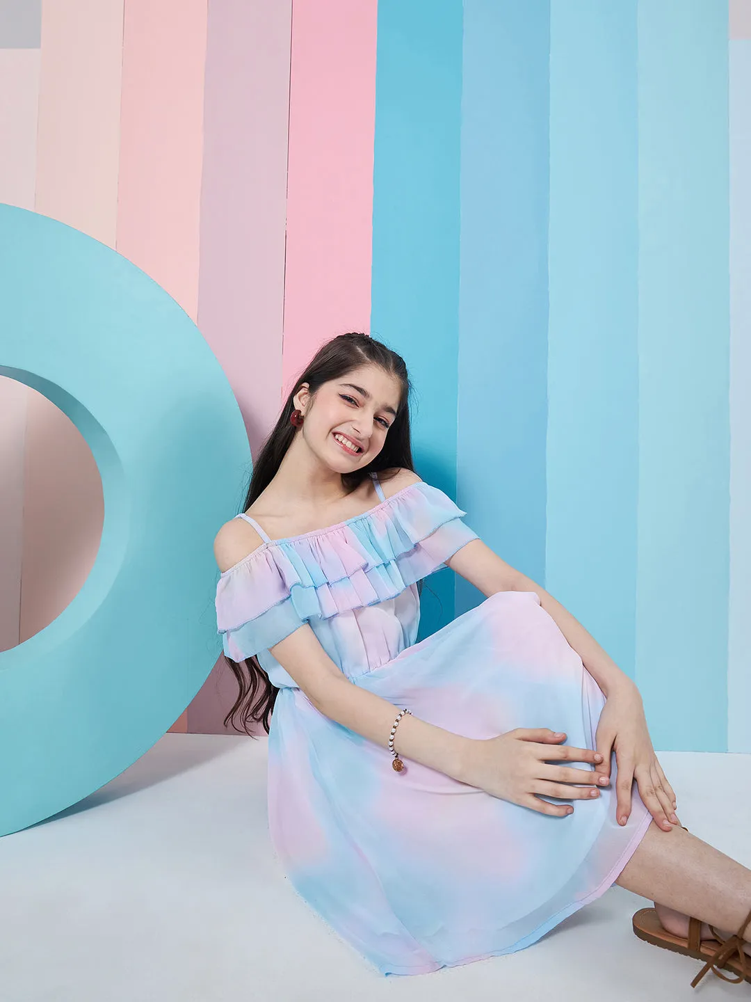 Girls Tie Dye Off-Shoulder Georgette Fit Flare Dress - PS Peaches