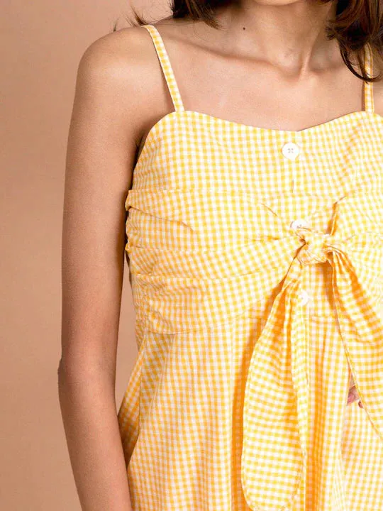 Girls Yellow Checked Cotton Fit Flare Dress