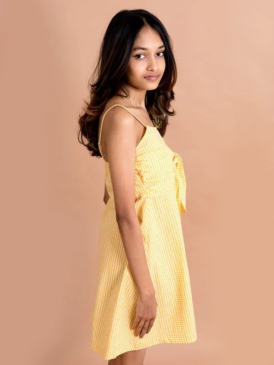 Girls Yellow Checked Cotton Fit Flare Dress