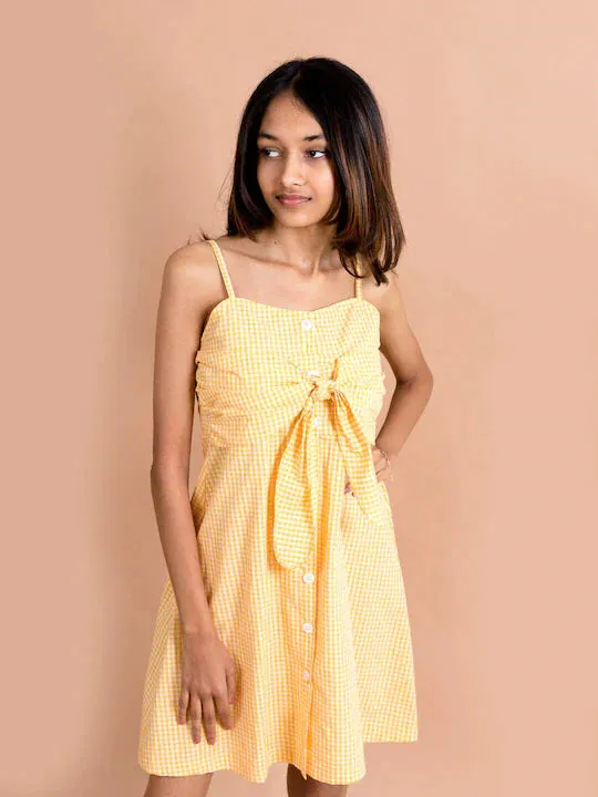 Girls Yellow Checked Cotton Fit Flare Dress