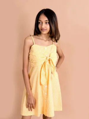 Girls Yellow Checked Cotton Fit Flare Dress