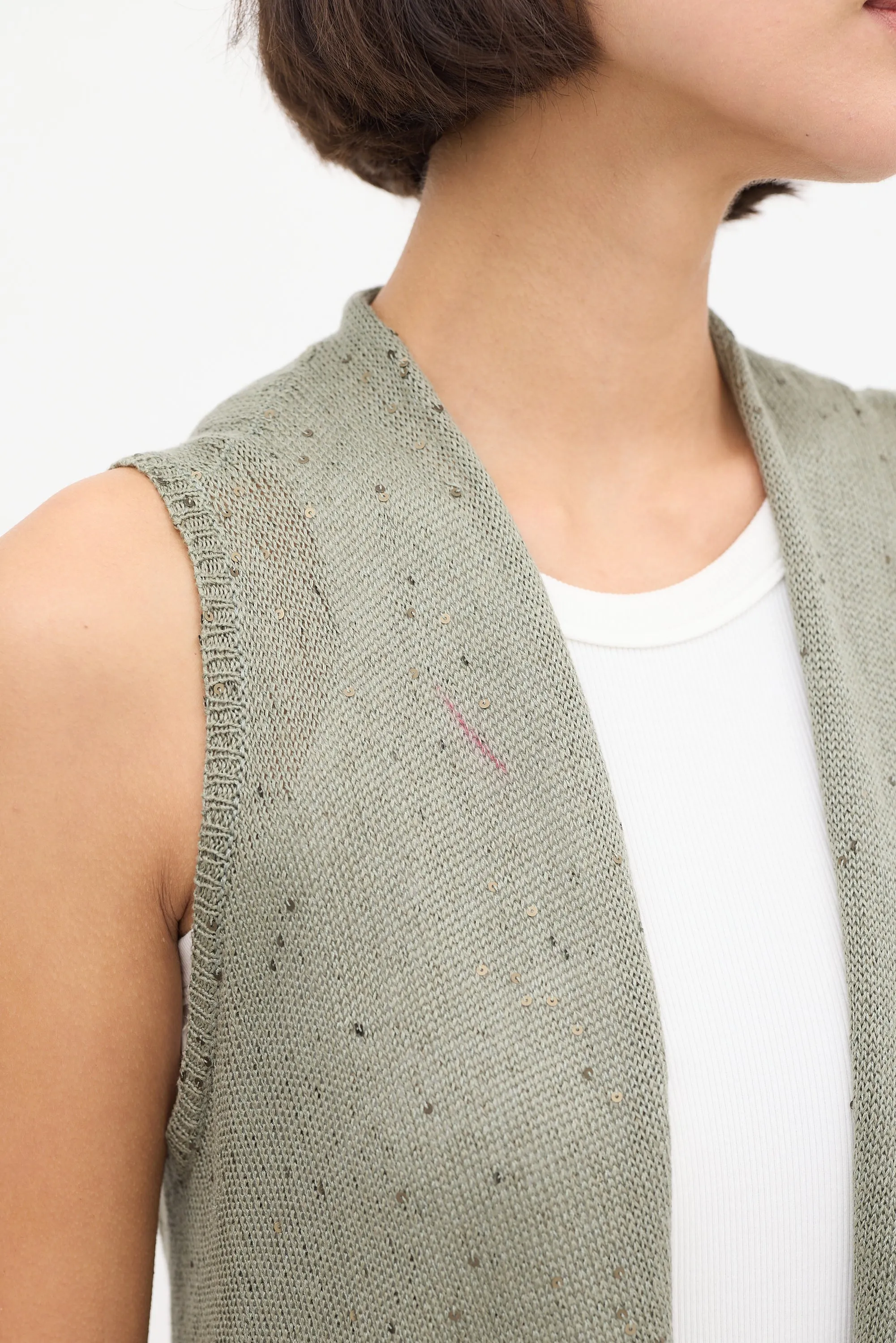 Green Linen Knit Sequin Vest