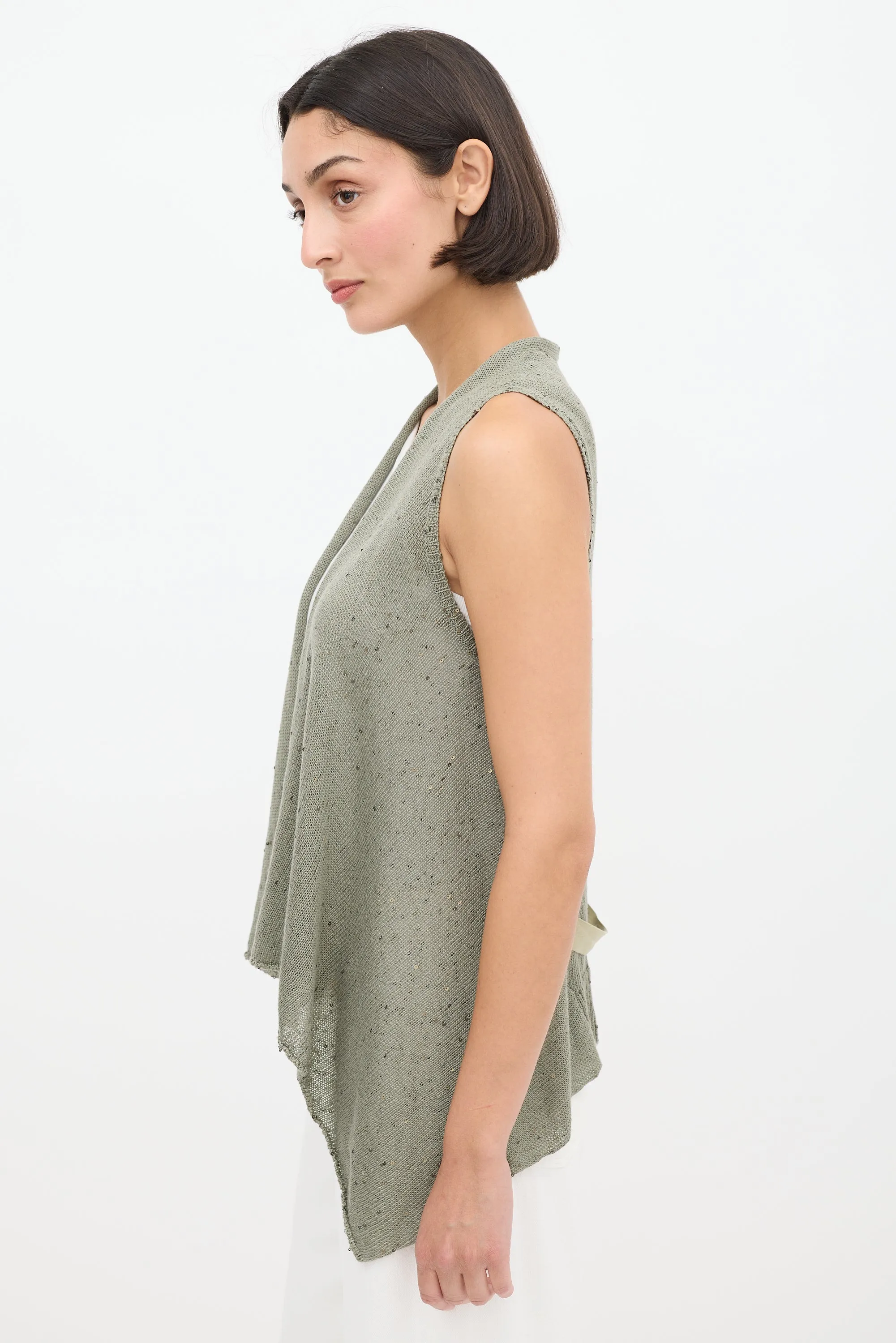 Green Linen Knit Sequin Vest