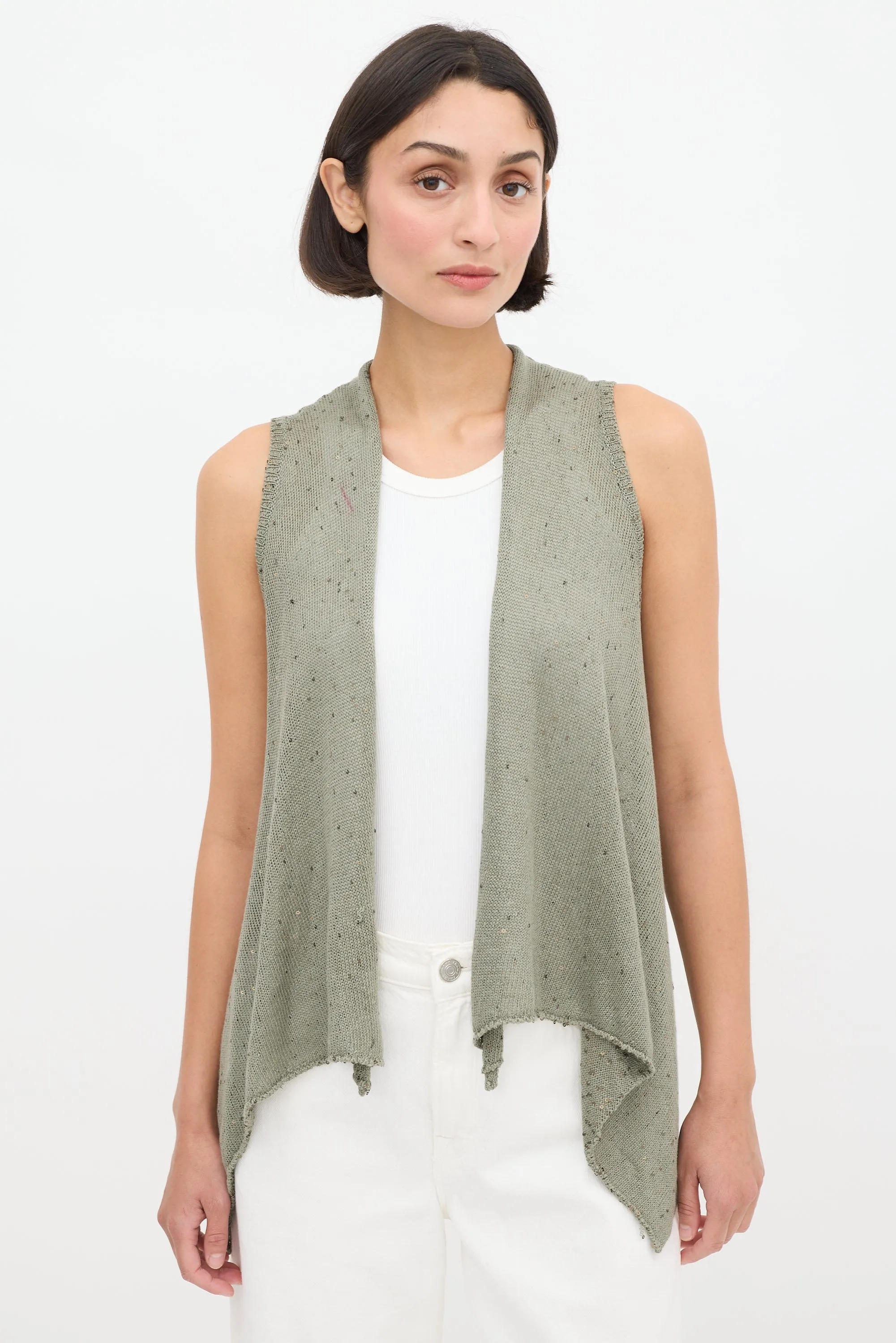 Green Linen Knit Sequin Vest