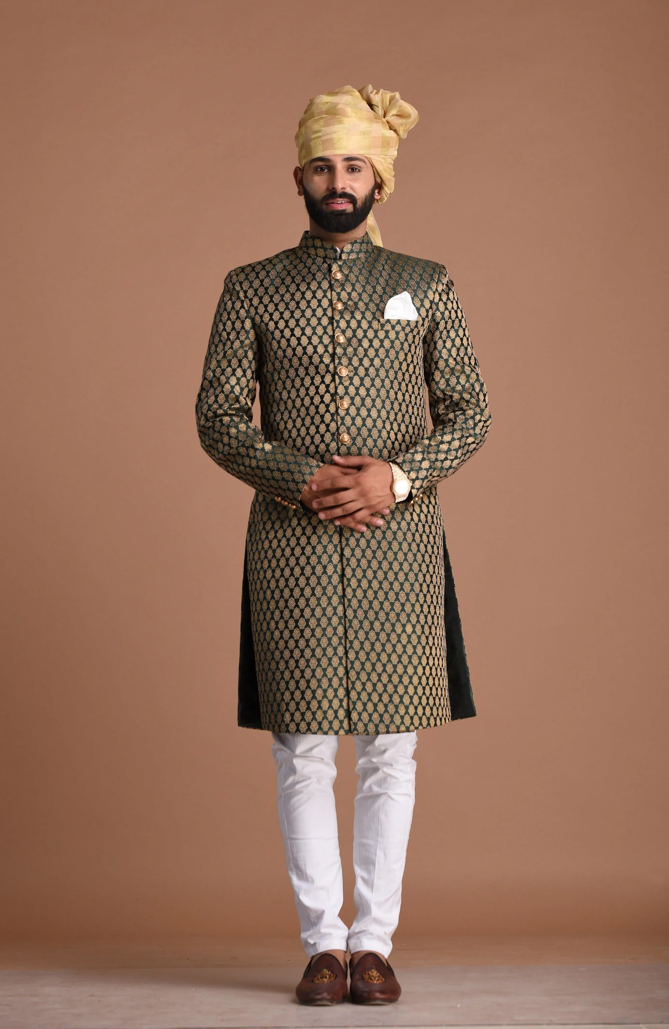 Handmade Royal Booti Pattern Brocade Silk Sherwani