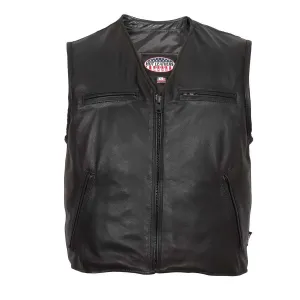 Hot Leathers VSM5009 USA Made Men's Black V-Neck Premium Leather Zippered Motorcycle Rider Vest