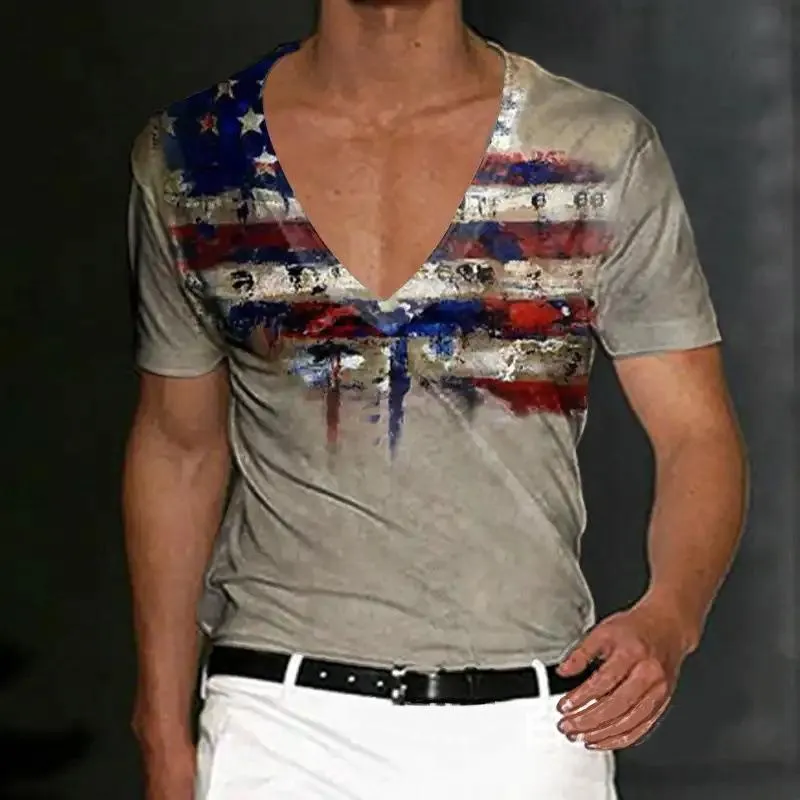 Men's Slim Fit V-neck Printed Short-sleeved T-shirt 54380967YM