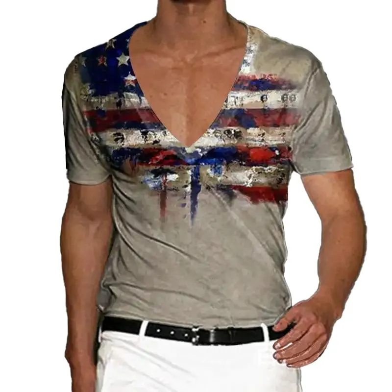 Men's Slim Fit V-neck Printed Short-sleeved T-shirt 54380967YM