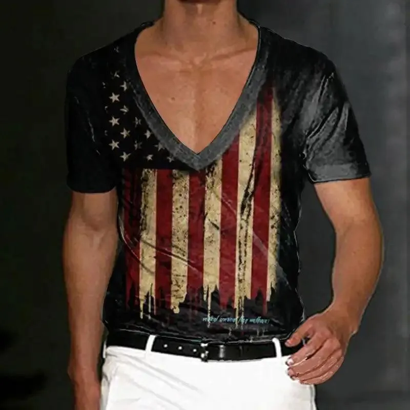 Men's Slim Fit V-neck Printed Short-sleeved T-shirt 54380967YM