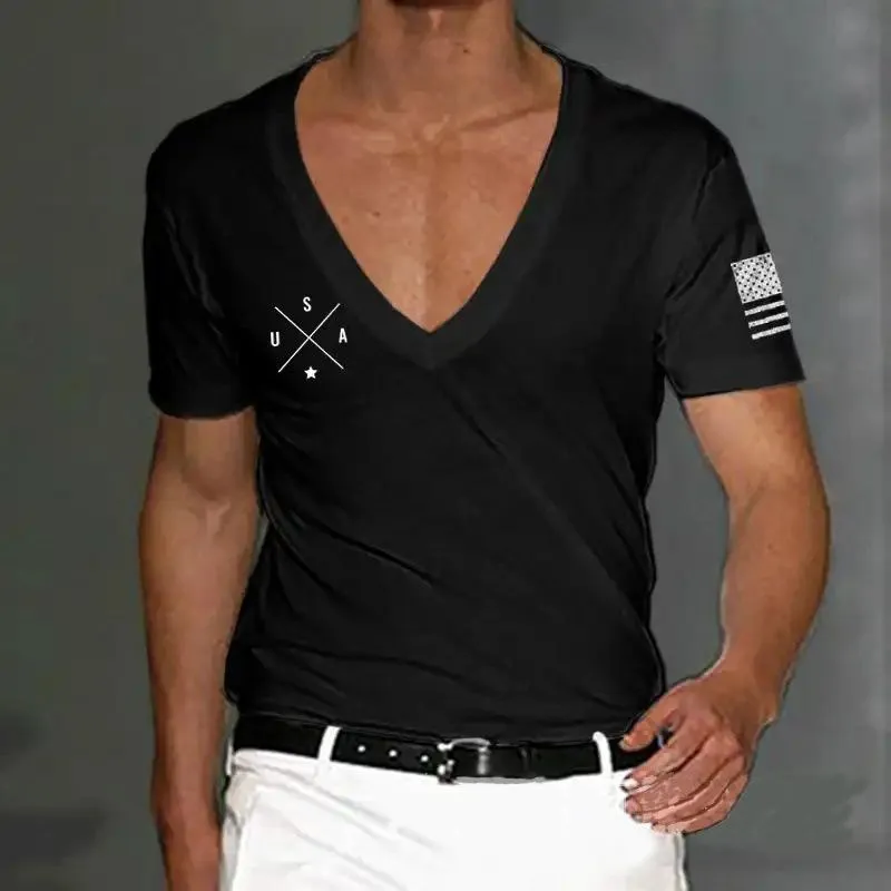 Men's Slim Fit V-neck Printed Short-sleeved T-shirt 54380967YM